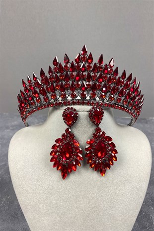 Red Drop 3D Bridal Henna Crown And Stud Earring Set