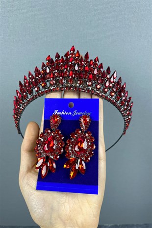 Red Drop 3D Bridal Henna Tiara and Evening Dress Earrings Set