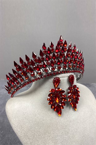 Red Drop 3D Bridal Henna Crown And Stone Earring Set