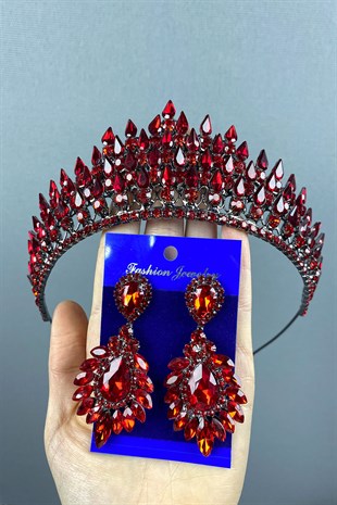 Red Drop 3D Bridal Henna Crown And Stud Earring Set