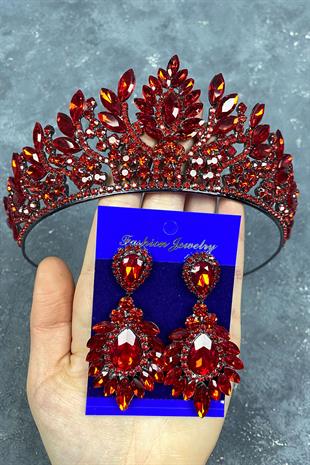 Red Danver Stone Bridal Henna Tiara and Earring Set