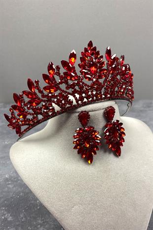 Red Danver Stone Bridal Henna Crown And Earring Set