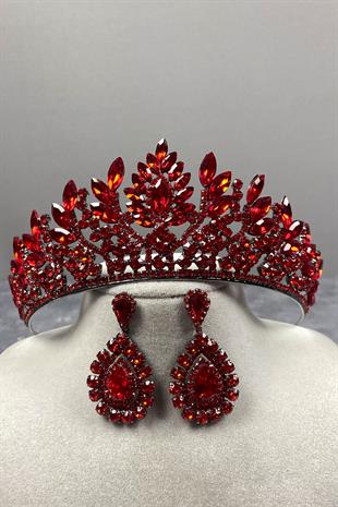 Red Danver Stone Bridal Henna Tiara and Stud Earrings Set