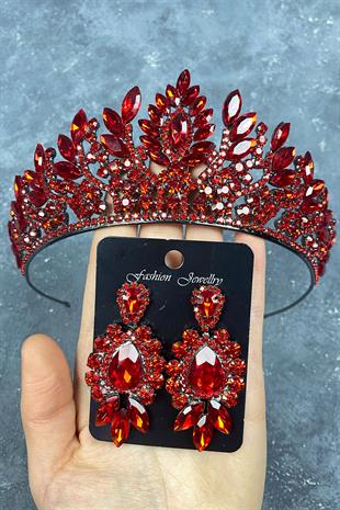 Red Danver Stone Bridal Henna Tiara and Evening Dress Earrings Set