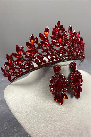 Red Danver Stone Bridal Henna Tiara and Evening Dress Earrings Set