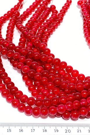 Kırmızı Desenli Dizi Cam Boncuk 8 mm