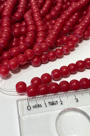 Kırmızı Desenli Dizi Cam Boncuk 8 mm