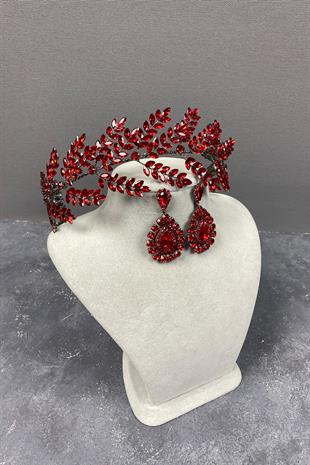 Red Dilana Leaf Branch Bridal Hair Accessory and Studded Earring Set