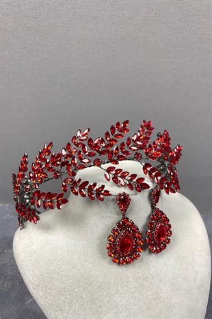 Red Dilana Leaf Branch Bridal Hair Accessory and Studded Earring Set
