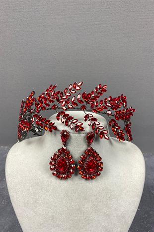 Red Dilana Leaf Branch Bridal Hair Accessory and Studded Earring Set
