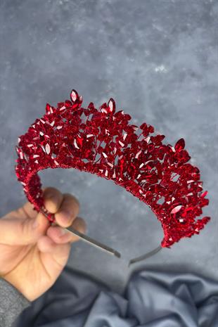 Kırmızı Doğa Boncuklu Gelin Kına Tacı Gelin Saç Aksesuarı
