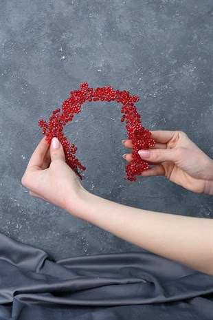 Kırmızı Duru Boncuklu Gelin Tacı Saç ve Türban Aksesuarı