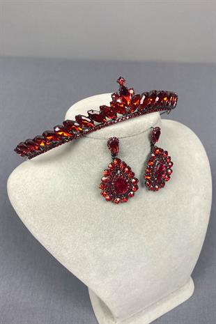 Red Ece Bridal Henna Crown and Drop Shuttle Stone Earring Set