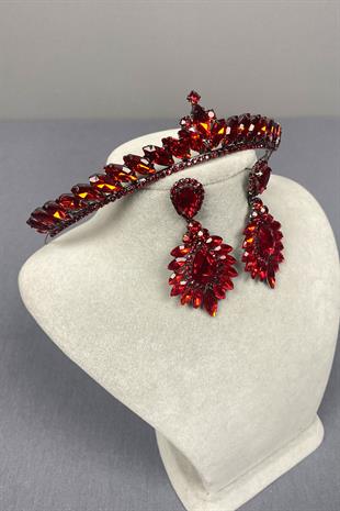 Red Ece Bridal Henna Crown and Drop Shuttle Earring Set