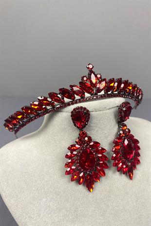 Red Ece Bridal Henna Crown and Drop Shuttle Earring Set