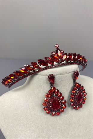 Red Ece Bridal Henna Crown and Drop Shuttle Stone Earring Set