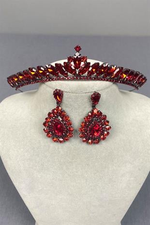 Red Ece Bridal Henna Crown and Drop Shuttle Stone Earring Set