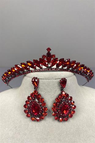 Red Ece Bridal Henna Crown and Drop Shuttle Stone Earring Set