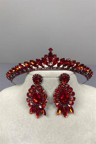 Red Ece Bridal Henna Crown and Dropped Shuttle Stone Earring Set