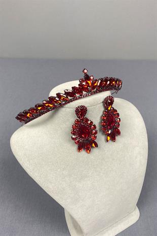 Red Ece Bridal Henna Crown and Dropped Shuttle Stone Earring Set