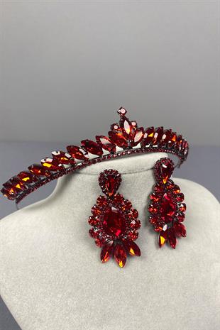 Red Ece Bridal Henna Crown and Dropped Shuttle Stone Earring Set