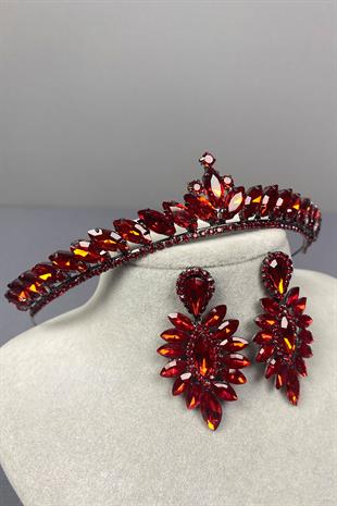 Red Ece Bridal Henna Crown and Thin Shuttle Stone Earrings