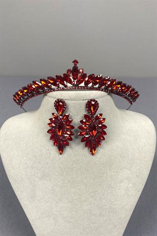 Red Ece Bridal Henna Crown and Thin Shuttle Stone Earrings