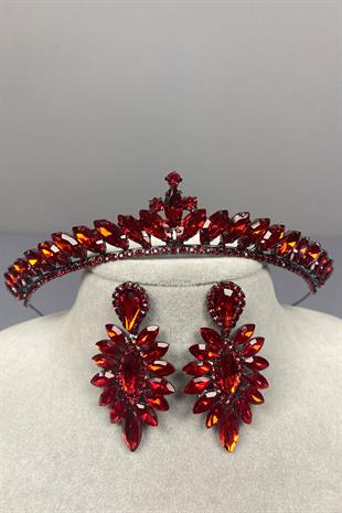 Red Ece Bridal Henna Crown and Thin Shuttle Stone Earrings