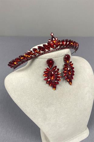 Red Ece Bridal Henna Crown and Thin Shuttle Stone Earrings