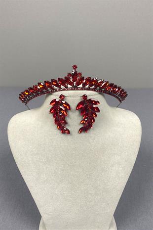 Red Ece Bridal Henna Crown and Leaf Stone Earrings