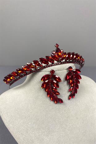 Red Ece Bridal Henna Crown and Leaf Stone Earrings