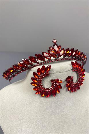 Red Ece Bridal Henna Crown and Round Stone Earring Set