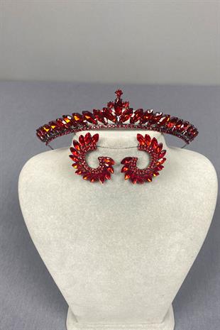 Red Ece Bridal Henna Crown and Round Stone Earring Set