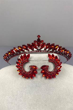 Red Ece Bridal Henna Crown and Round Stone Earring Set