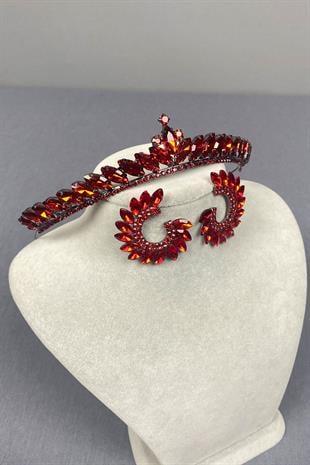 Red Ece Bridal Henna Crown and Round Stone Earring Set