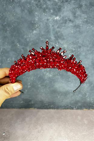 Kırmızı Edis Boncuk İşlemeli Gelin Kına Tacı