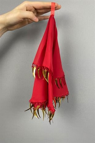 Red Ecru Gold Sword Sequin Chiffon Bridal Halay Handkerchief 5 pcs