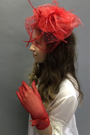 Red Gloves-Point Voile Wedding Hat