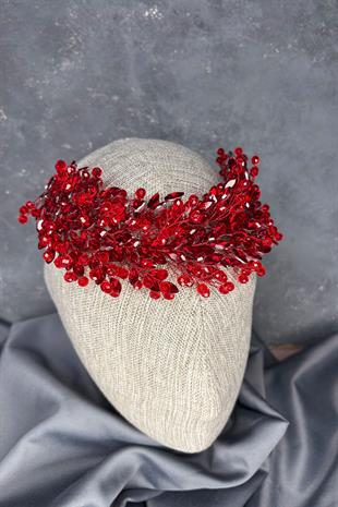 Kırmızı Elisa Boncuklu Gelin Kına Tacı Saç Ve Türban Aksesuarı