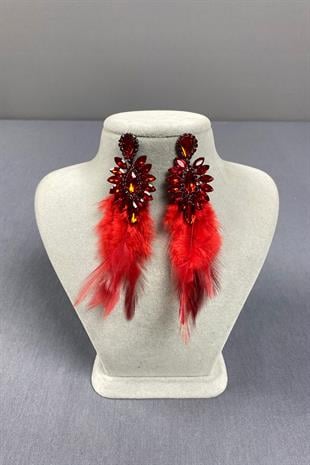 Kırmızı En Şık Tüylü Özel Davet Balo Düğün Abiye Küpe