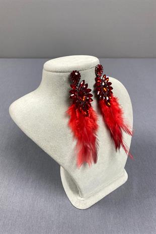 Kırmızı En Şık Tüylü Özel Davet Balo Düğün Abiye Küpe