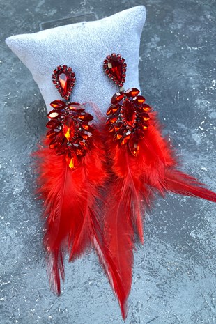 Kırmızı En Şık Tüylü Özel Davet Düğün Abiye Küpe