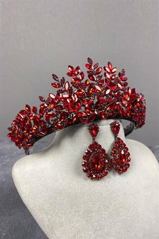 Red Ezel 3D Bridal Henna Crown And Stone Drop Earrings Set