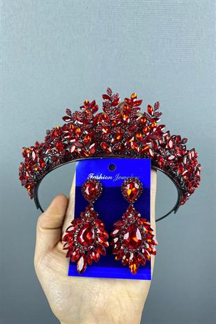 Red Ezel 3D Bridal Henna Crown And Earring Set