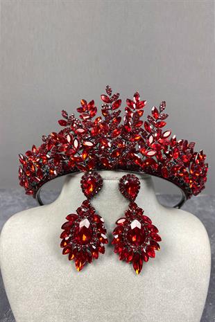 Red Ezel 3D Bridal Henna Crown And Earring Set