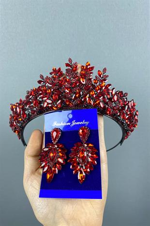 Red Ezel 3D Bridal Henna Crown And Stud Earring Set