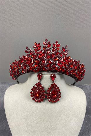 Red Ezel 3D Bridal Henna Crown And Stone Drop Earrings Set