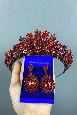 Red Ezel 3D Bridal Henna Crown And Stone Drop Earrings Set