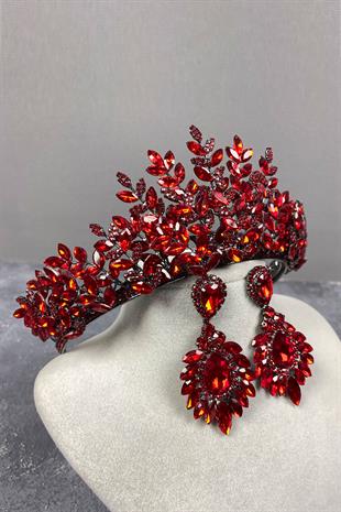 Red Ezel 3D Bridal Henna Crown And Earring Set