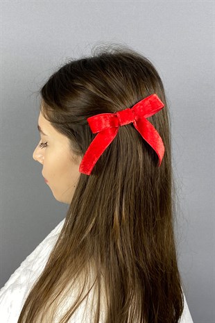 Kırmızı Fiyonklu Kadife Kurdeleli Saç Tokası